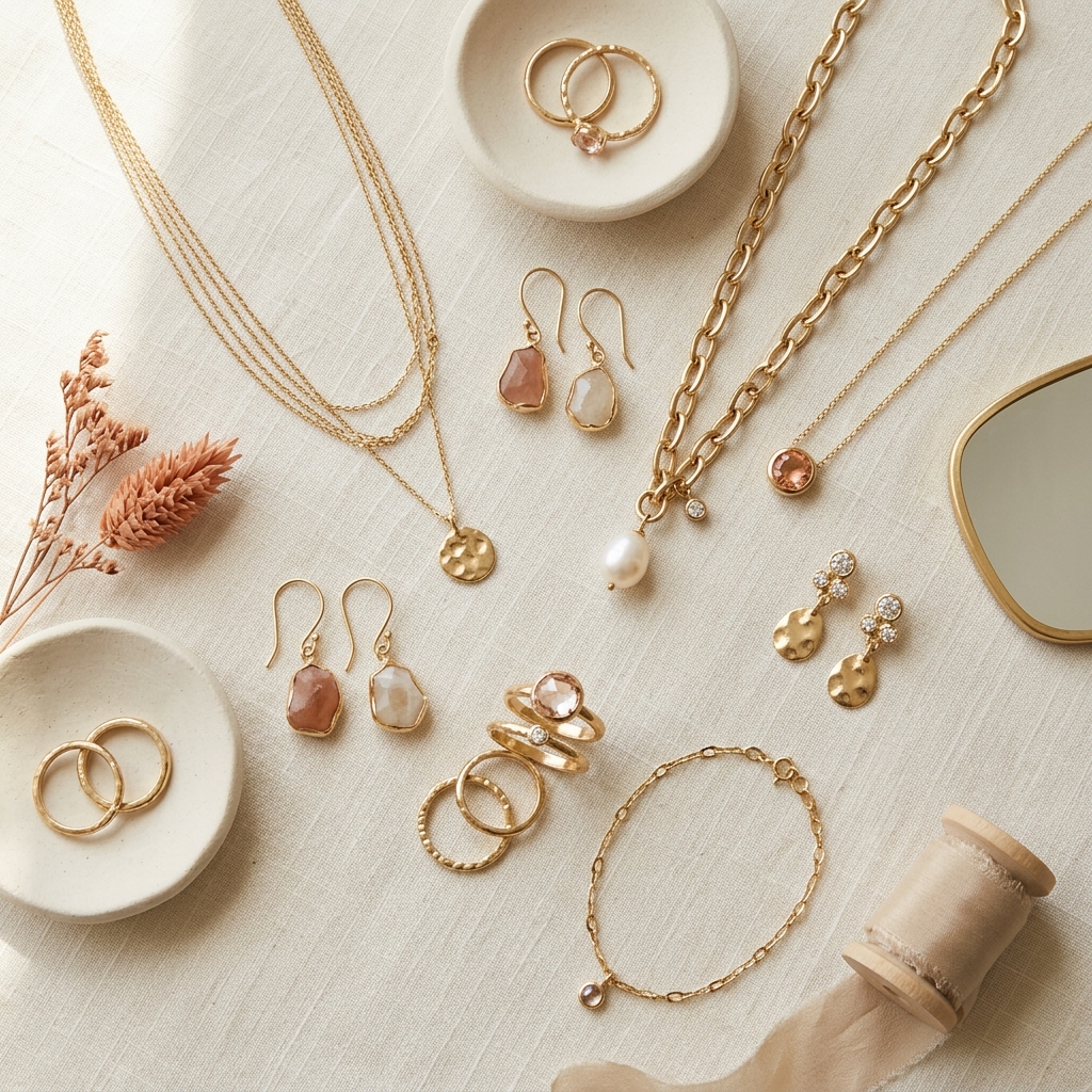 Colección de joyería NAMNA sobre fondo de lino